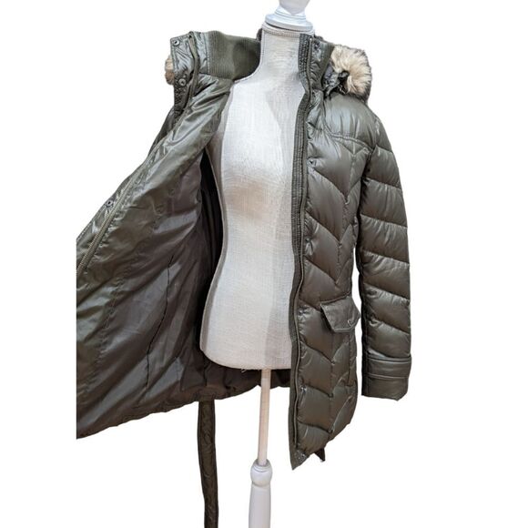 Land's End Knee Length Parka Quilted Puffer Faux Fur Hood Belted L 14-16 Olive - Picture 8 of 11